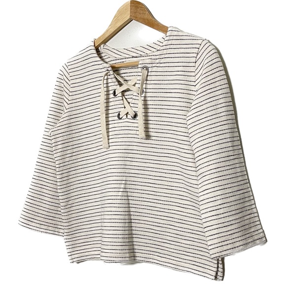 Madewell XS Striped Lace Up Boxy Fit Nautical Vibe Top Soft Terry Cotton Cream - Picture 5 of 9